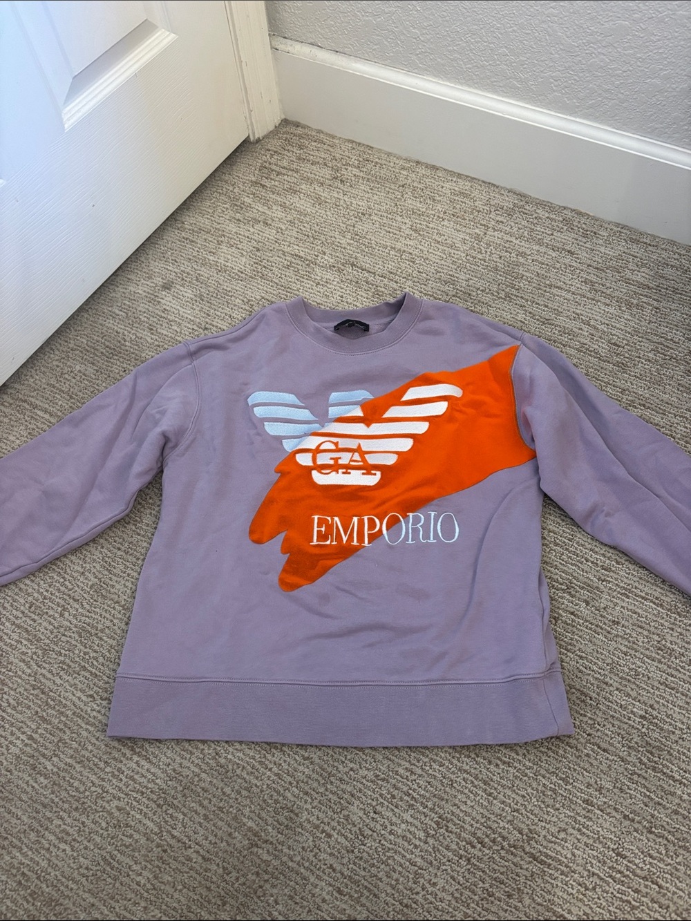 Emporio Armani Lavender Crewneck with Orange Graphic and Light Blue Logo